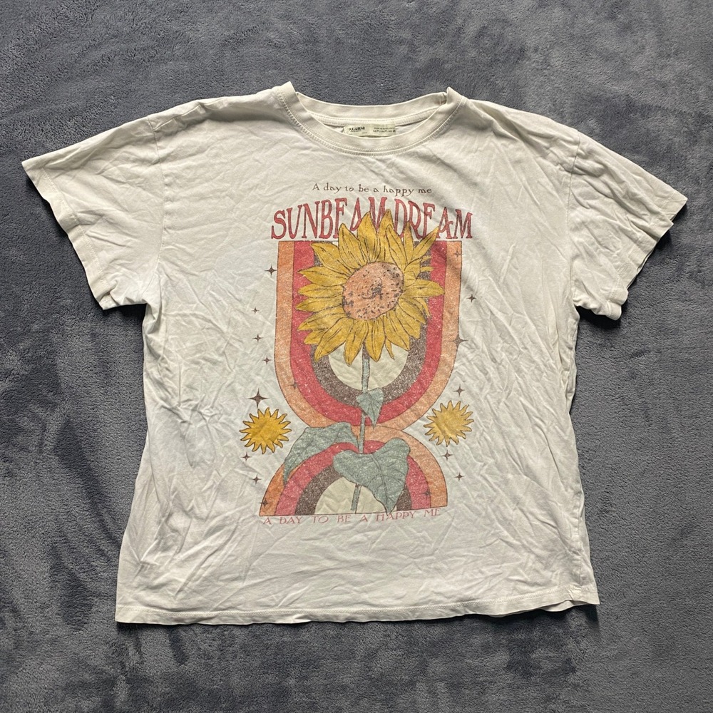 Pull&Bear Tshirt Womens Medium Sunbeam Dream Sunflower Rainbow Graphic Tee - Picture 1 of 5